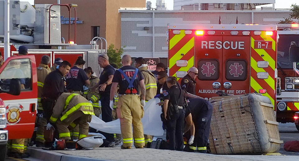 The basket of a hot air balloon which crashed lies on the pavement in Albuquerque, New Mexico, on Saturday.