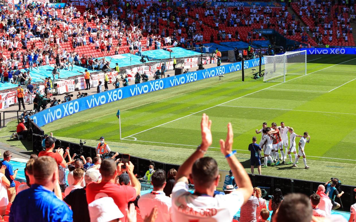 A socially-distanced and restricted crowd at Wembley watched England beat Croatia in Euro 2020 on Saturday - Simon Stacpoole/Offside via Getty Images