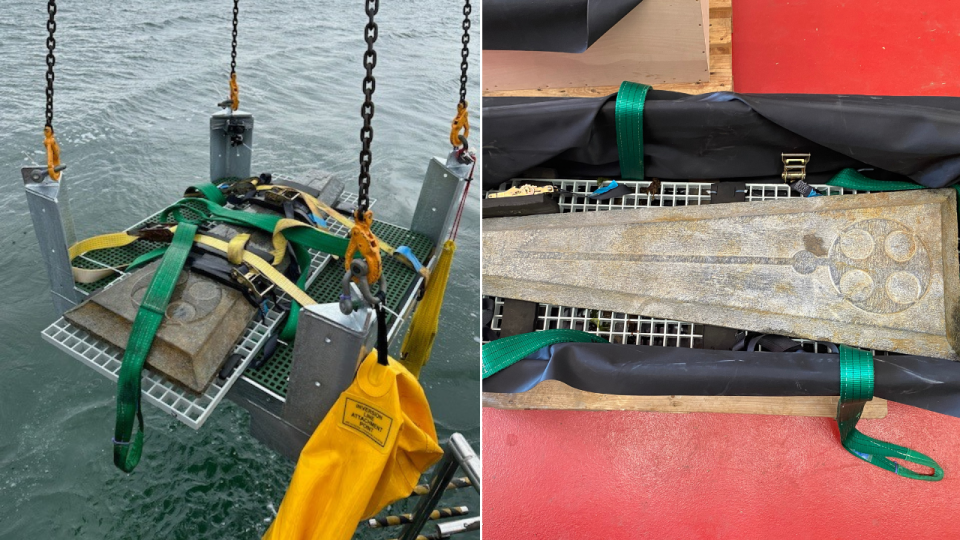 Split image of slabs being recovered and smaller slab