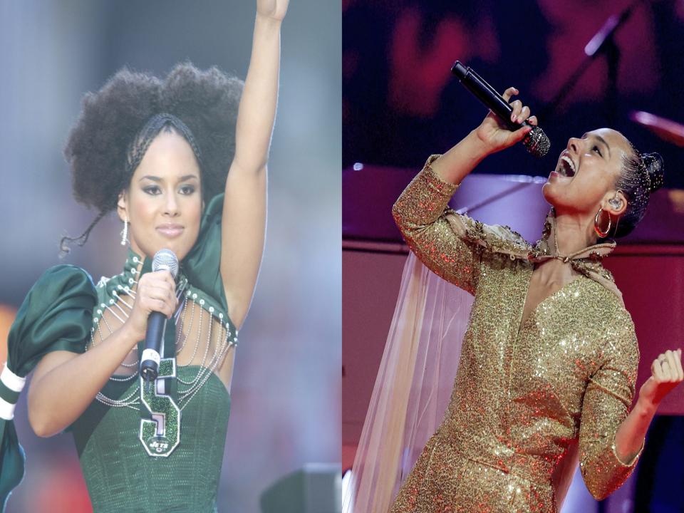 Side by side photos of Alicia Keys