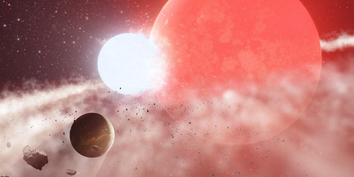  An artist's illustration of Halla surviving a potentially cataclysmic merger between the two stars in its binary system. 