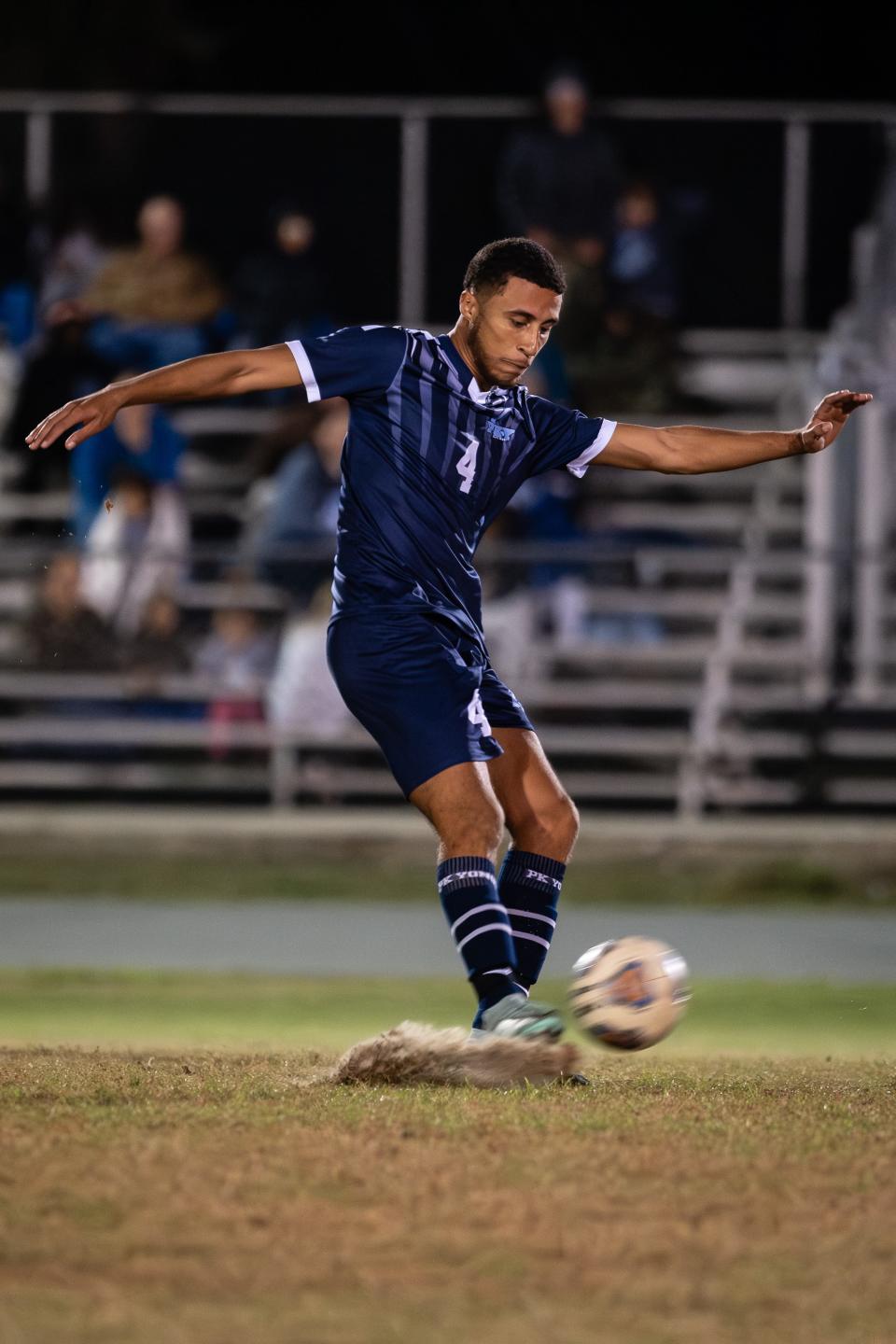 PK Yonge Blue Wave Camron Barnett (4) during the Class 3A-District 4 soccer game between Williston High School and PK Yonge High School at Williston High School in Williston, Fl. on Wednesday January 31, 2024. [Chris Watkins]