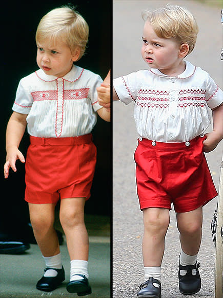 <p>Like father, like son! In 2015, while attending his littler sister Princess Charlotte's christening, Prince George <a href="https://people.com/royals/prince-george-wears-same-outfit-as-prince-william-at-charlottes-christening/" rel="nofollow noopener" target="_blank" data-ylk="slk:stepped out in an outfit nearly identical" class="link ">stepped out in an outfit nearly identical</a> to the one his dad wore to meet his baby brother, Prince Harry, on Sept. 16, 1984.</p>