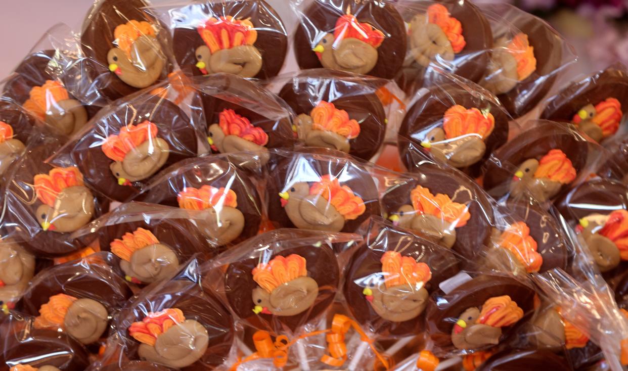 Turkey-shaped chocolate lollypops on display at Stever’s Candies, 623 Park Ave.