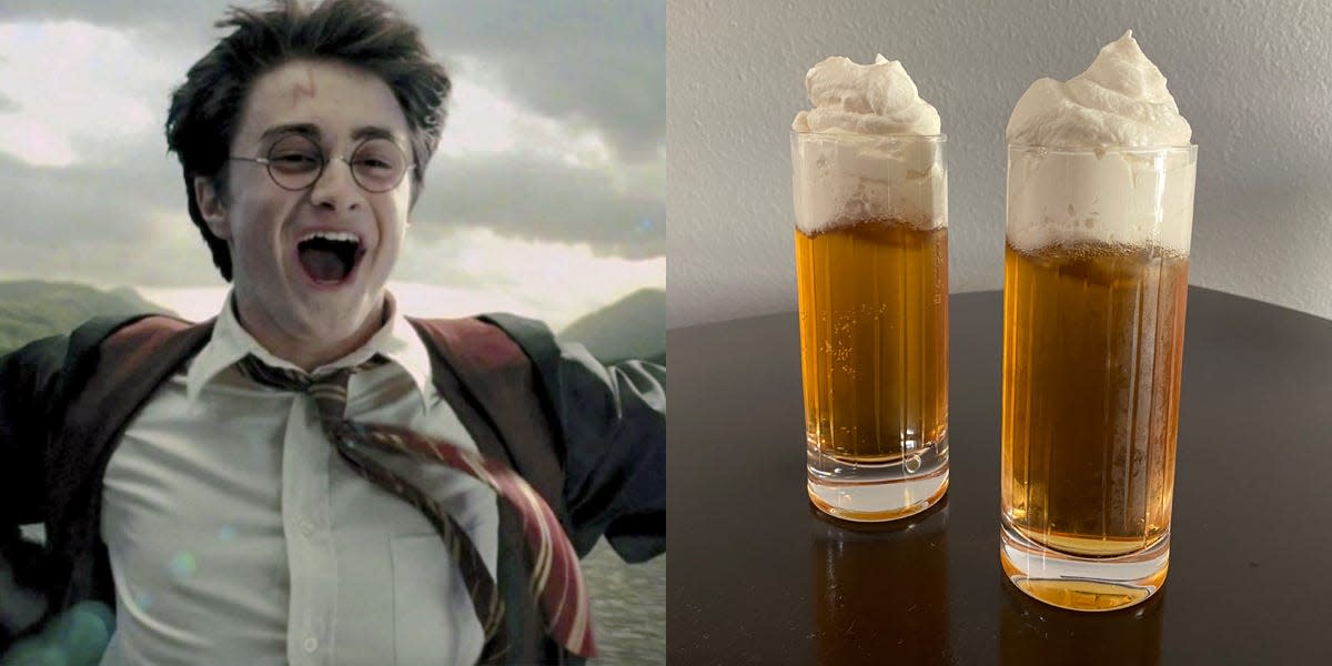 shot of harry potter flying in a movie next to two glasses of homemade butterbeer