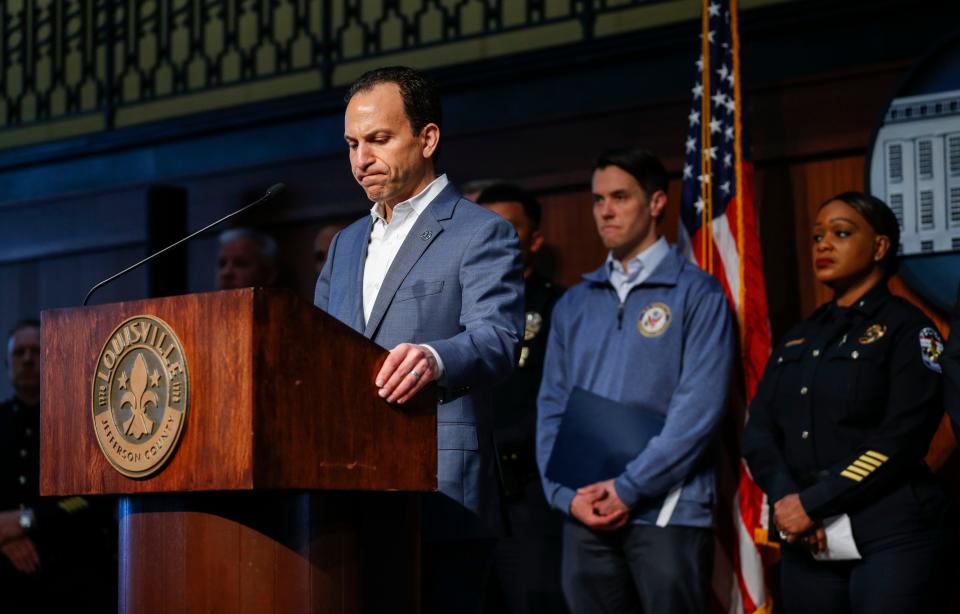 "Under current Kentucky law, the assault rifle that was used to murder five of our neighbors...will one day be auctioned off. Think about that," said an angry Louisville Mayor Craig Greenberg during a press conference update about Old National Bank mass shooting that occurred Monday morning. Five people were shot and killed and eight injured, including two Louisville Metro Police officers in downtown Louisville, Ky.  April 11, 2023