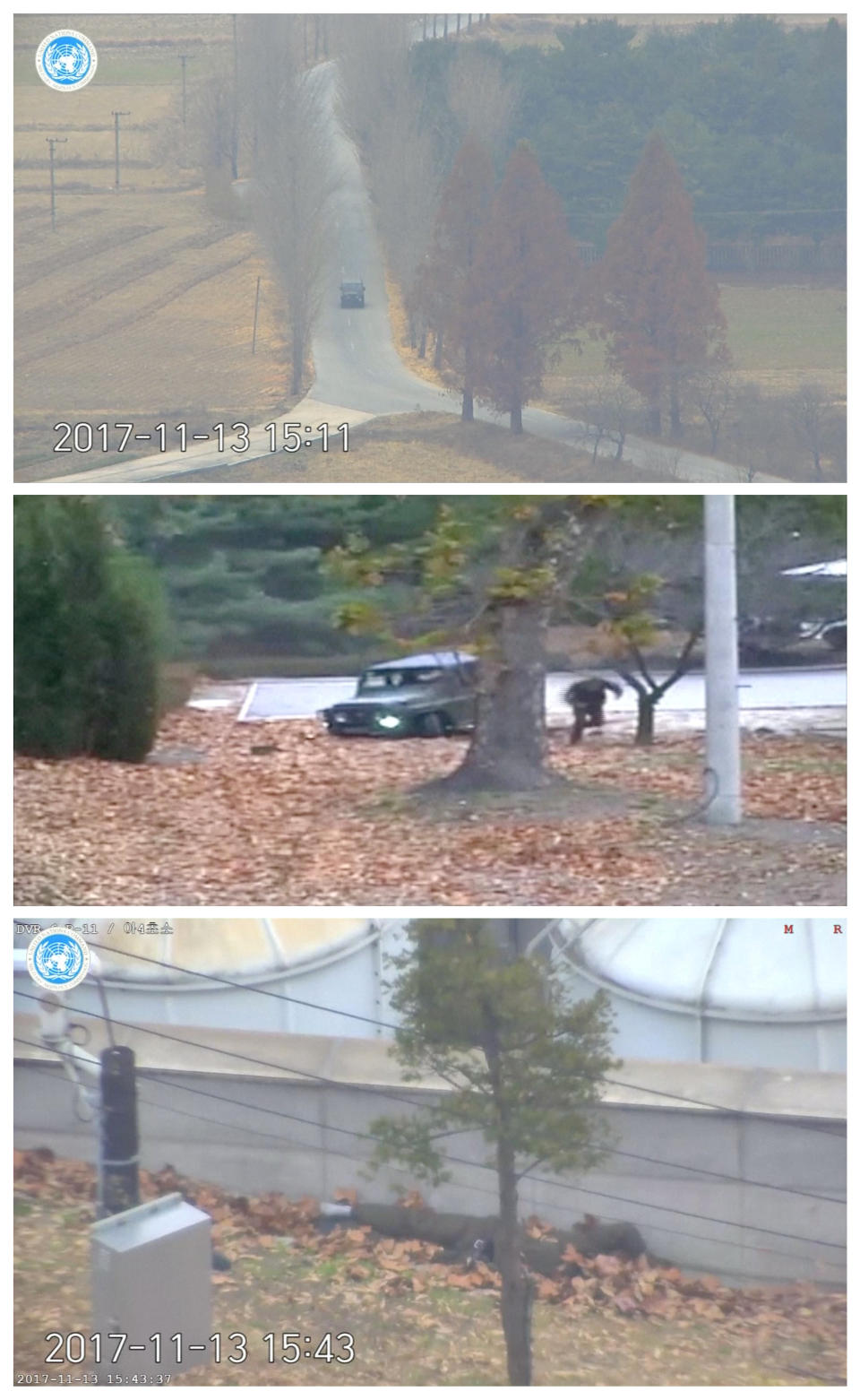 The North Korean soldier is seen driving a military vehicle towards the southern border (top) before abandoning his vehicle (center) and making a run for it and getting shot (bottom). (Photo: Handout . / Reuters)