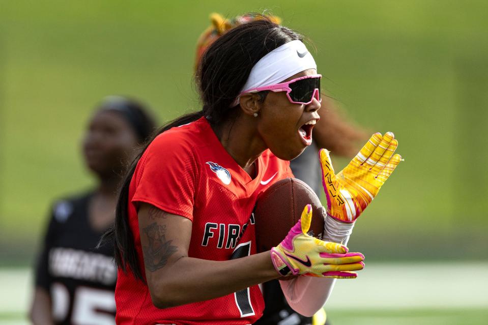 May 4; Nashville, Tennessee, United States; Pearl-CohnÕs DynaÕc Davis reacts to a play during the High School Metro Nashville Flag Football Championship game against Overton in Nashville, Tennessee.