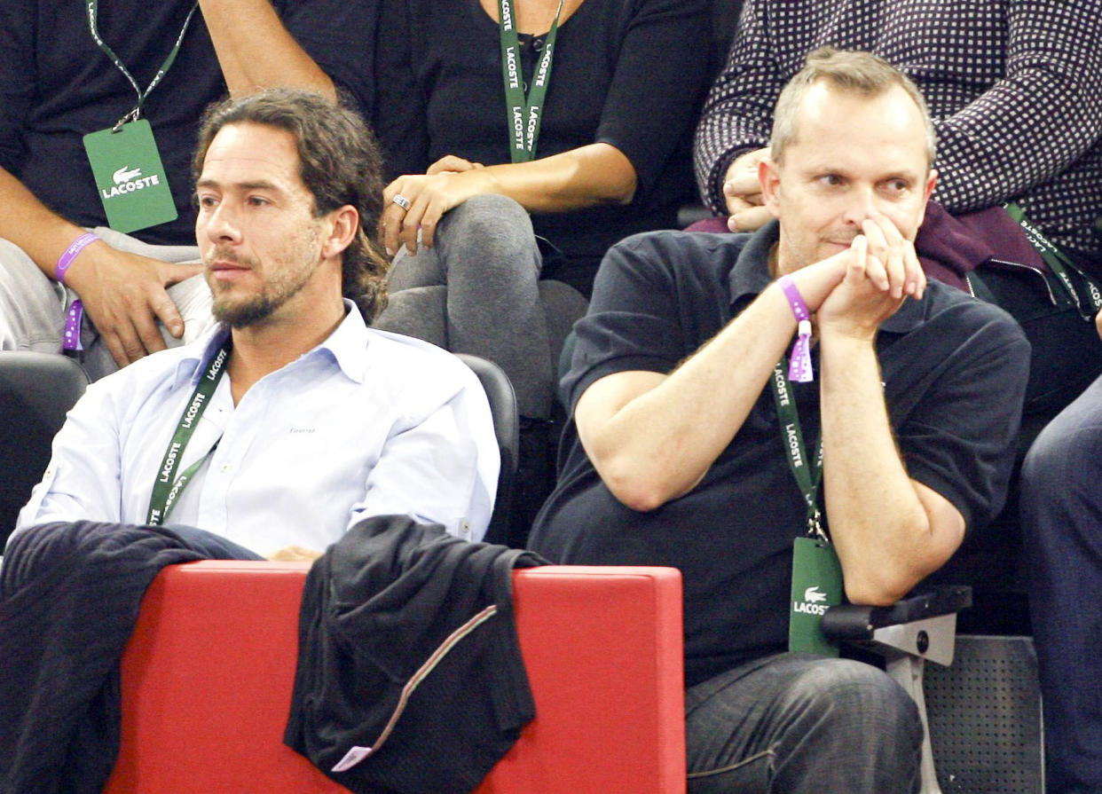 Singer Miguel Bose (R) and Nacho Palau and sculptor Nacho Palau are seen during Mutua Madrid Open tennis tournament at the Caja Magica on October 18, 2008 in Madrid (Photo by Europa Press via Getty Images)