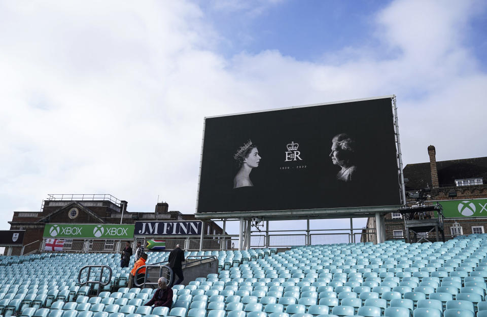 A tribute is seen before third cricket match at the Kia Oval, London, Saturday, Sept. 10, 2022 following the death of Queen Elizabeth II on Thursday. (John Walton/PA via AP)