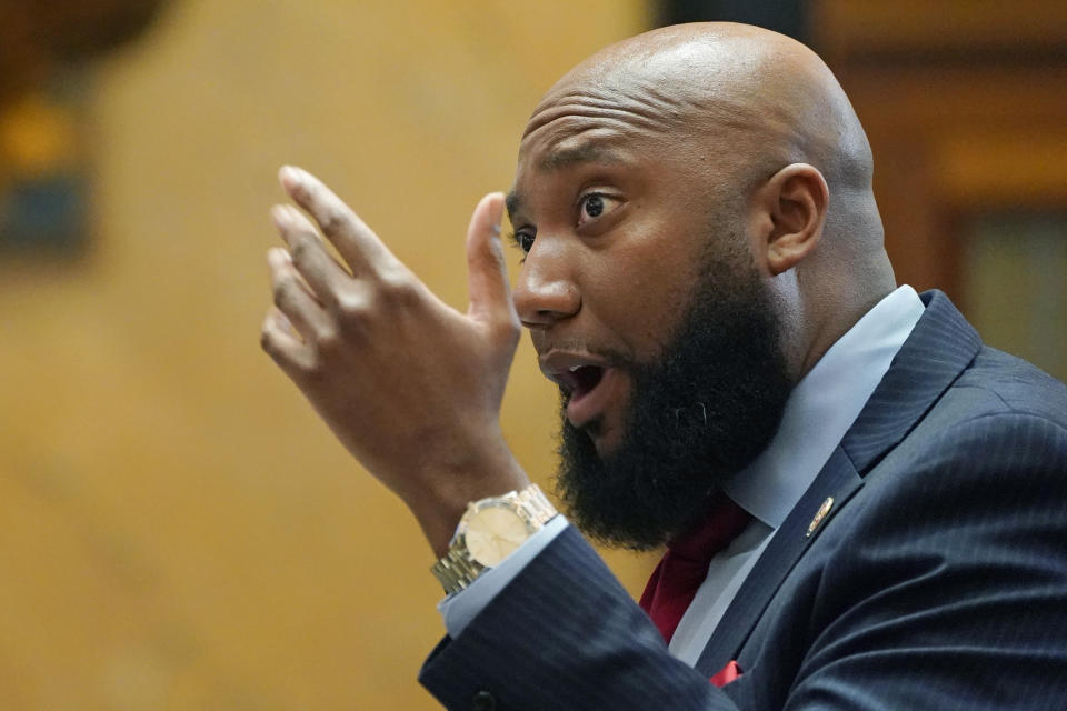 Rep. Daryl Porter Jr., D-Summit, asks a question of Rep. Joey Hood, R-Ackerman, unseen, during his presentation of legislation in the House Chamber that would limit how race can be taught in schools and universities in Jackson, Mississippi, Thursday, March 3, 2022. (AP Photo/Rogelio V. Solis)