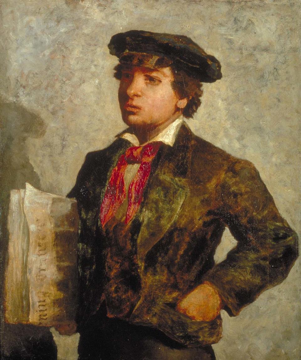 An image of Bannister's oil on canvas painting, Newspaper Boy (1869).