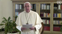 In this image made from UNTV video, Pope Francis speaks in a pre-recorded message which was played during the 75th session of the United Nations General Assembly, Friday, Sept. 25, 2020, at UN headquarters, in New York. (UNTV via AP)