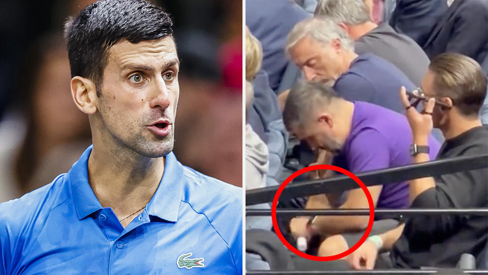 Novak Djokovic's team attempted to conceal their preparation of a substance fort the star player during his semi-final win over Stefanos Tsitsipas. Pictures: Getty Images/Twitter