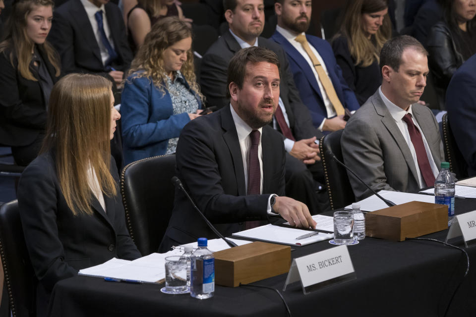 From left Monika Bickert, head of global policy management at Facebook, Nick Pickles, public policy director for Twitter, and Derek Slater, global director of information policy at Google testify before the Senate Commerce, Science and Transportation Committee on how internet and social media companies are prepared to thwart terrorism and extremism, Wednesday, Sept. 18, 2019, on Capitol Hill in Washington. (AP Photo/J. Scott Applewhite)