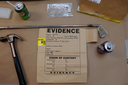 An evidence bag is pictured at the office of the Chief Medical Examiner of New York during an event in New York City, New York, U.S., September 6, 2018. REUTERS/Carlo Allegri