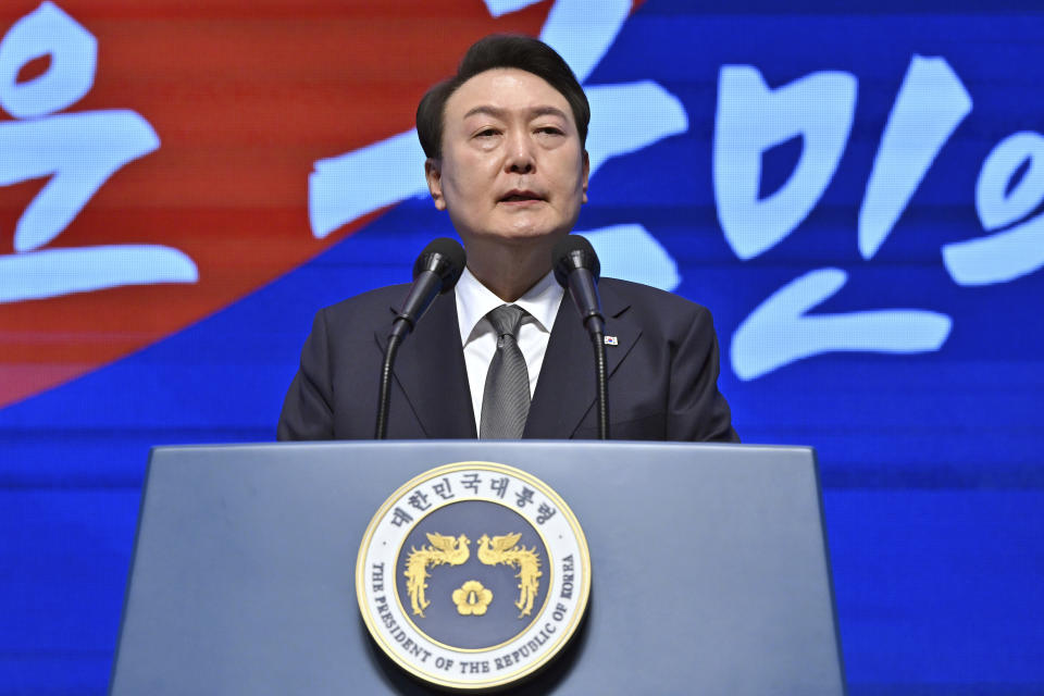 South Korea's President Yoon Suk Yeol speaks during a ceremony of the 104th anniversary of the March 1st Independence Movement Day against Japanese colonial rule, in Seoul Wednesday, March 1, 2023. (Jung Yeon-je/Pool Photo via AP)