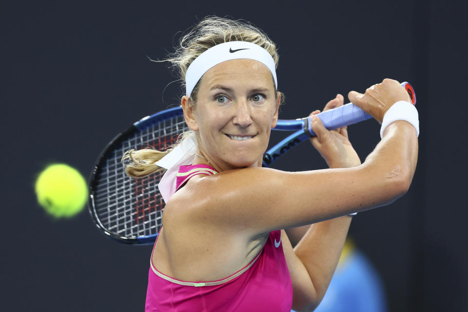 Victoria Azarenka of Belarus plays a shot in her match against Anna Kalinskaya of Russia during the Brisbane International tennis tournament in Brisbane, Australia, Tuesday, Jan. 2, 2024. (AP Photo/Tertius Pickard)