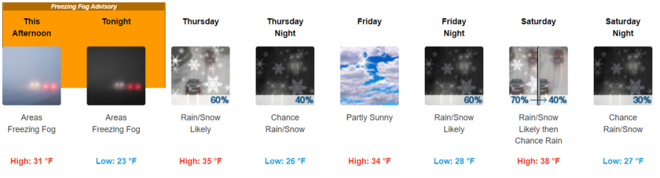 Freezing fog, rain and snow are forecast for the Tri-Cities.