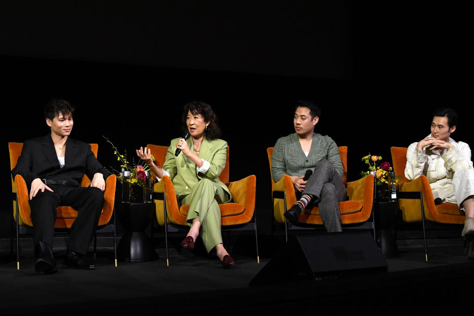 LOS ANGELES, CALIFORNIA - APRIL 10: (L-R) Hoa Xuande, Sandra Oh, Fred Nguyen Khan, and Duy Nguyen appear onstage during HBO's 