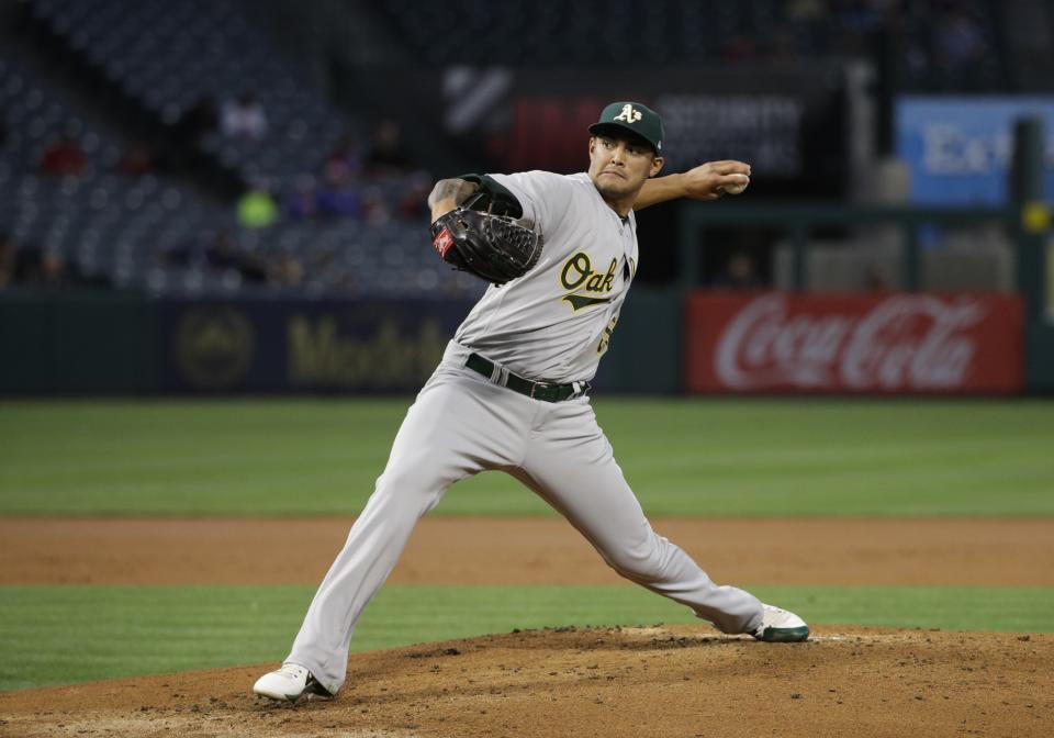Oakland's Sean Manaea was pulled after two innings in Anaheim with a shoulder injury (AP Photo/Jae C. Hong)