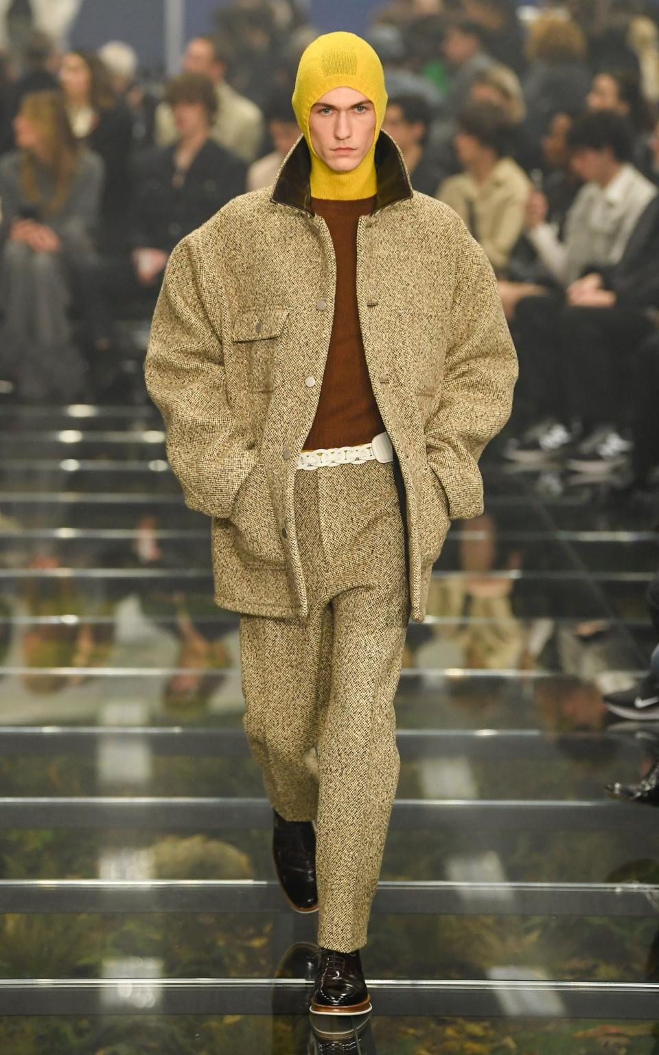 Model on the runway at Prada Men's Fall 2024 as part of Milan Men's Fashion Week held on January 14, 2024 in Milan, Italy.