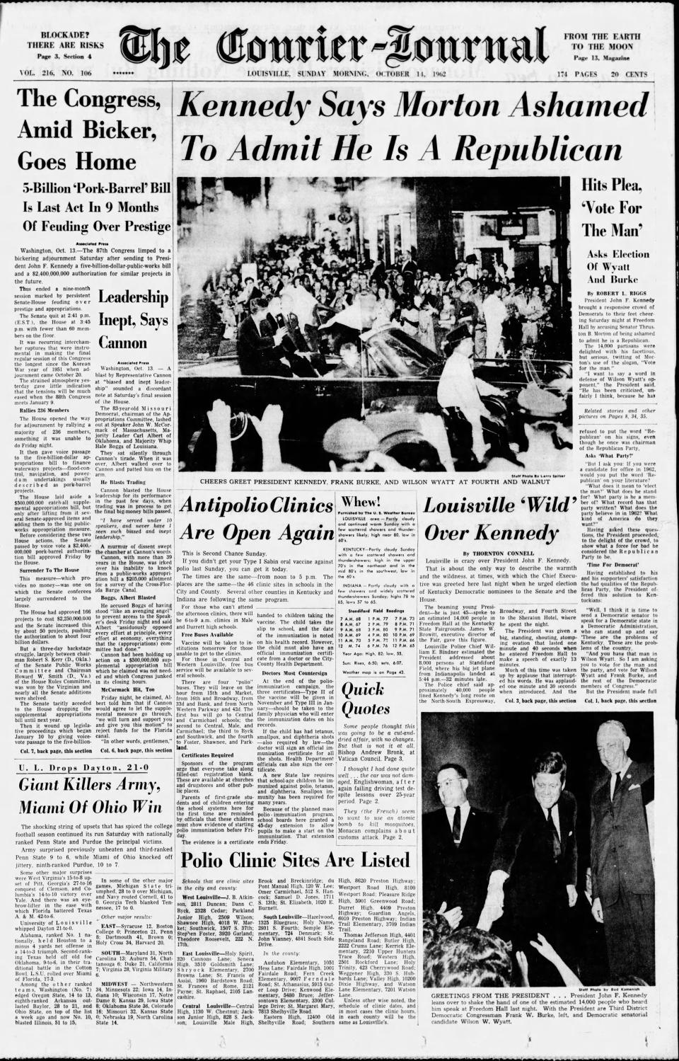 The front page of the Courier Journal on Sunday, Oct. 14, 1962, chronicled the arrival of President John F. Kennedy in Louisville.