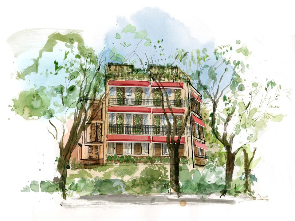 A watercolor of the exterior of The Wilde by Sarah Maycock.