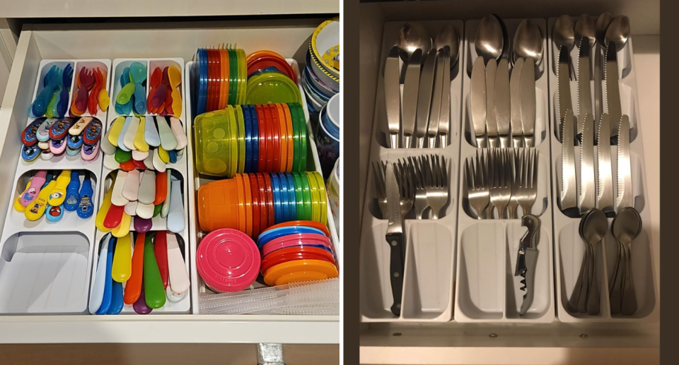 Kmart cutlery tray in use to store children's cutlery (left) and adult cutlery (right).