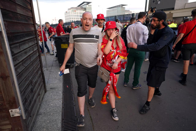 Liverpool fans react after they make their way past security during the UEFA Champions League Final at the Stade de France, Paris. Picture date: Saturday May 28, 2022. (Photo by Nick Potts/PA Images via Getty Images)