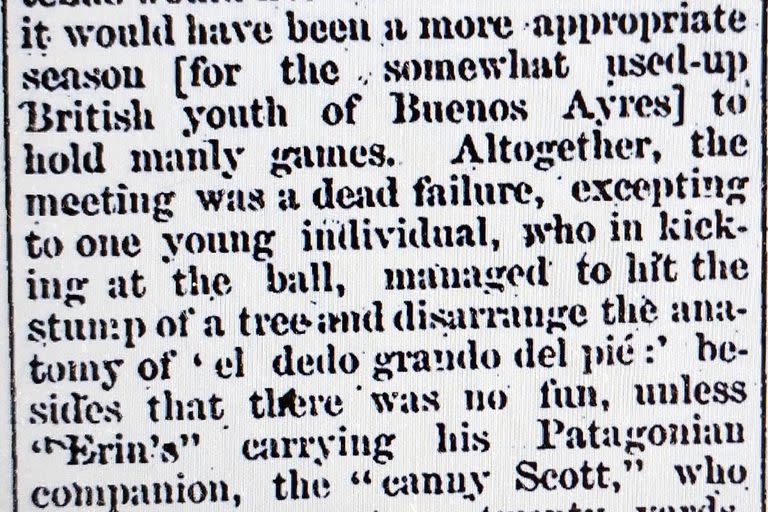 Un extracto del artículo publicado sobre el partido jugado en 1864 en la Argentina.