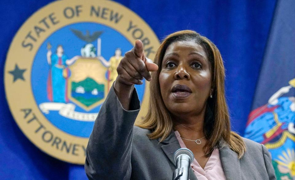 In this Friday May 21, 2021, file photo, New York Attorney General Letitia James acknowledges questions from journalists at a news conference in New York.