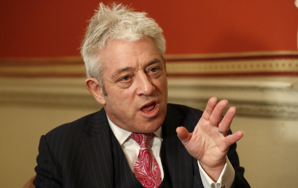 Former British House of Commons speaker, John Bercow, speaks during an interview with Associated Press in London, Thursday, Nov. 7, 2019. John Bercow says Brexit is a historic mistake and the country should not be bound by the close 2016 vote to leave the European Union. (AP Photo/Frank Augstein)