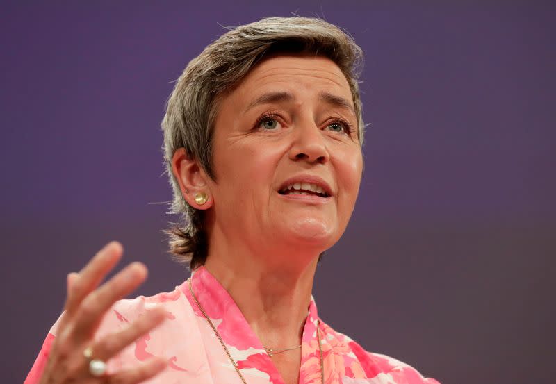 EU Commissioner for Competition Margrethe Vestager holds a news conference at the European Commission in Brussels