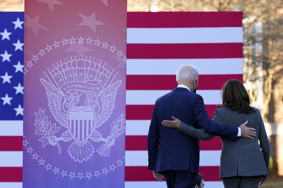 FILE - President Joe Biden and Vice President Kamala Harris walk off stage after speaking in support of changing the Senate filibuster rules that have stalled voting rights legislation, at Atlanta University Center Consortium, on the grounds of Morehouse College and Clark Atlanta University, Tuesday, Jan. 11, 2022, in Atlanta. Harris is poised to play a critical role in next year's election as President Joe Biden seeks a second term. (AP Photo/Patrick Semansky, File)