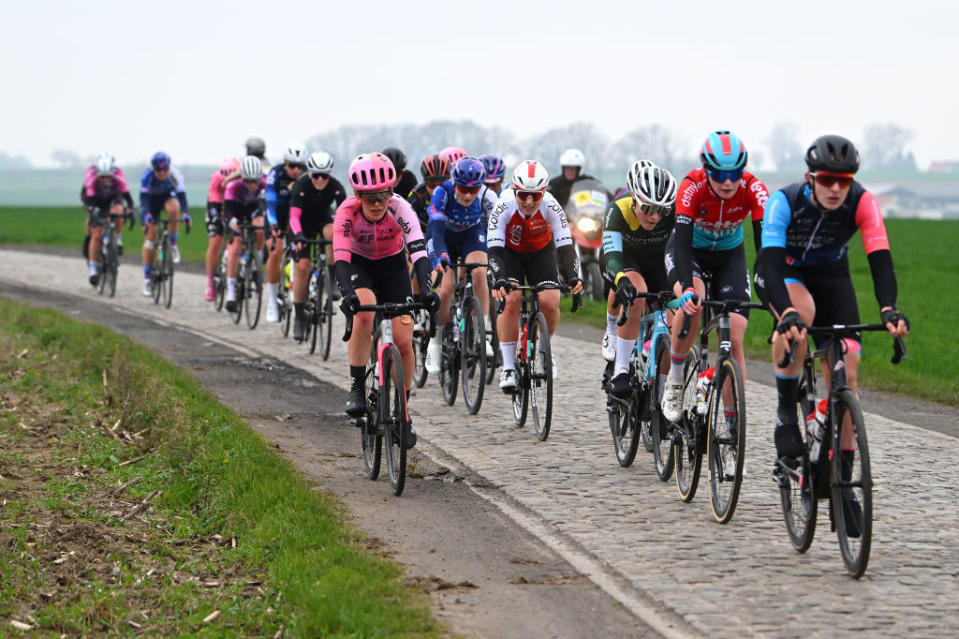 OUDENAARDE BELGIUM  APRIL 02 Clara Honsinger of The United States and Team EF EducationTibcoSvb and Valentine Fortin of France and Cofidis Women Team compete during the 20th Ronde van Vlaanderen  Tour des Flandres 2023 Womens Elite a 1566km one day race from Oudenaarde to Oudenaarde  UCIWWT  on April 02 2023 in Oudenaarde Belgium Photo by Luc ClaessenGetty Images