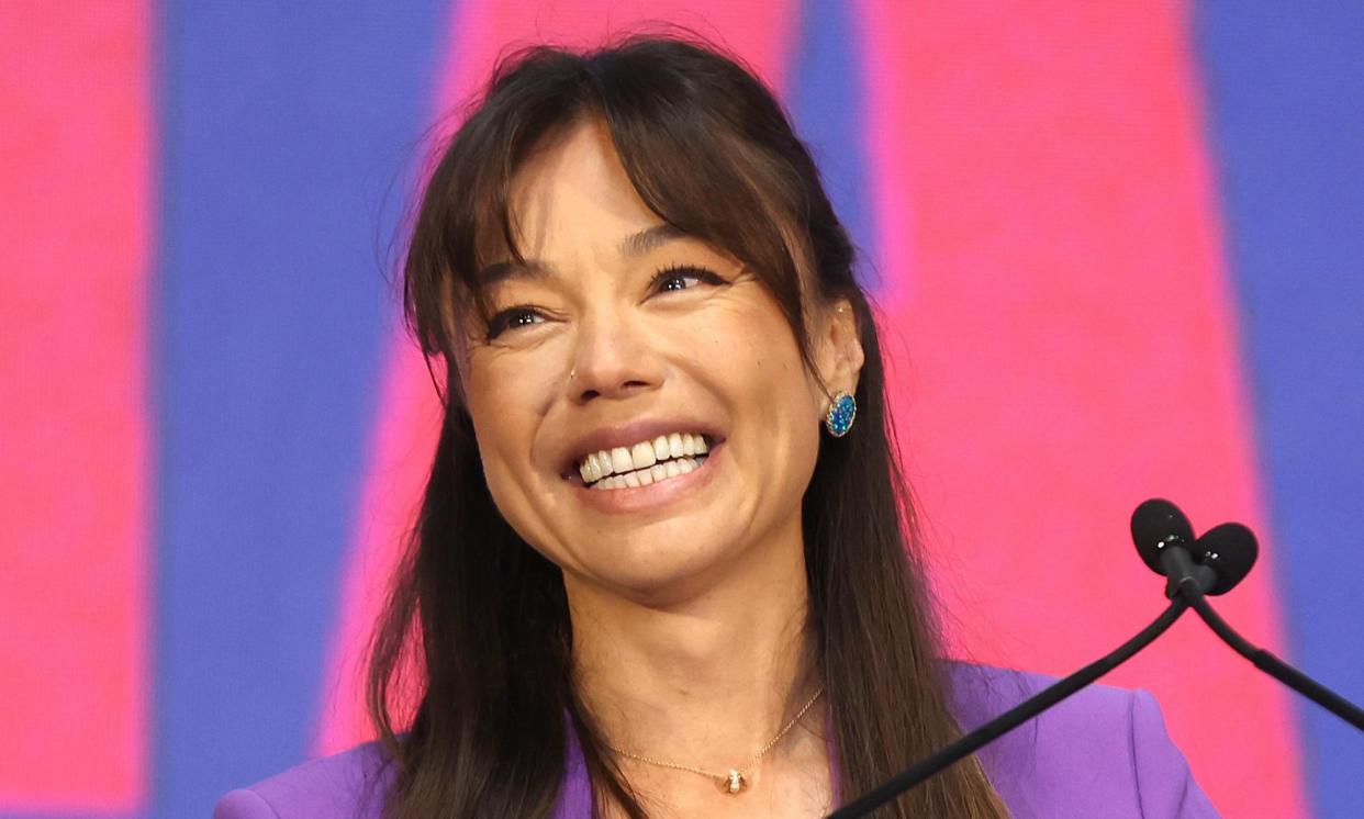 <span>Nicole Shanahan speaks during a campaign event in Oakland, California, on 26 March 2024.</span><span>Photograph: Justin Sullivan/Getty Images</span>