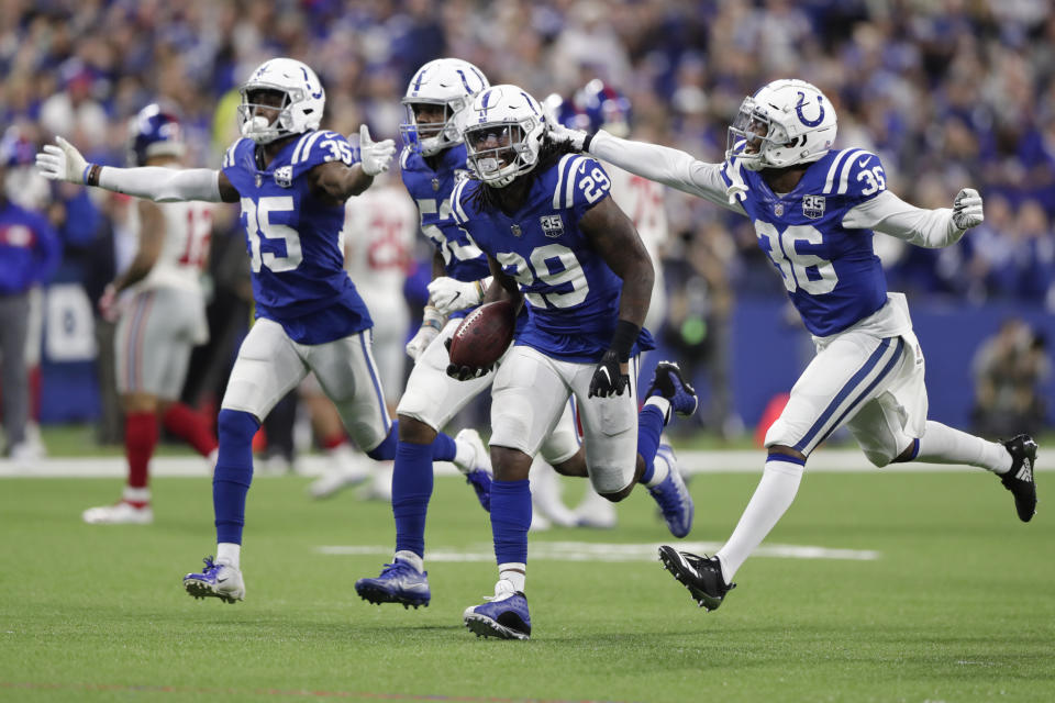 Indianapolis Colts free safety Malik Hooker (29) celebrates an interception in the final seconds of the second half of an NFL football game against the New York Giants in Indianapolis, Sunday, Dec. 23, 2018. The Colts defeated the Giants 28-27. (AP Photo/Michael Conroy)
