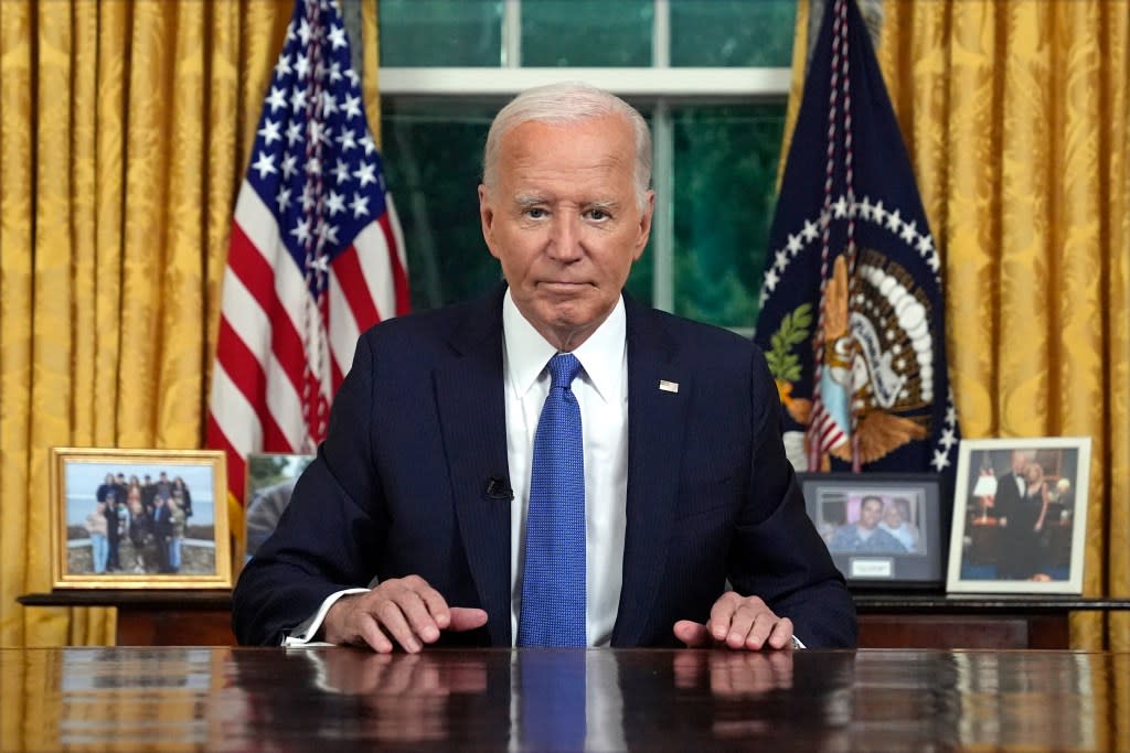 President Biden pauses as he concludes his address to the nation about his decision to not seek reelection, in the Oval Office at the White House in Washington DC on July 24, 2024. POOL/AFP via Getty Images