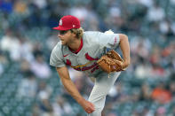 St. Louis Cardinals pitcher Kyle Leahy throws during the fourth inning in the second game of a baseball doubleheader against the Detroit Tigers, Tuesday, April 30, 2024, in Detroit. (AP Photo/Carlos Osorio)