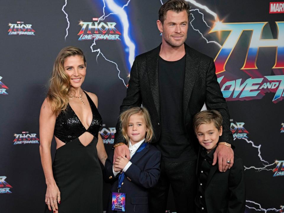 Australian actor Chris Hemsworth and and his wife Elsa Pataky pose for a photo with their twin boy's Tristan and Sasha during a red carpet event for the movie premiere of "Thor: Love and Thunder" at the Entertainment Quarter in Sydney,Australia, Monday, June 27, 2022.