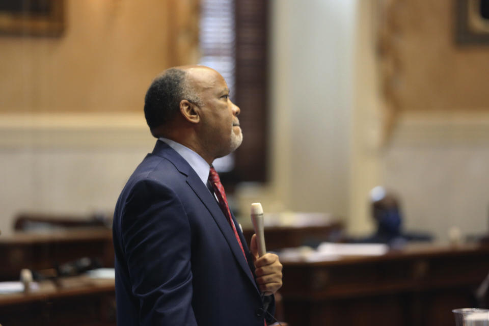 South Carolina Sen. Karl Allen, D-Greenville, waits to ask a question about a bill that would add the firing squad to the electric chair and lethal injection as execution methods in the state on Tuesday, March 2, 2021, in Columbia, S.C. The state hasn't had the chemicals to do lethal injection for years. (AP Photo/Jeffrey Collins)