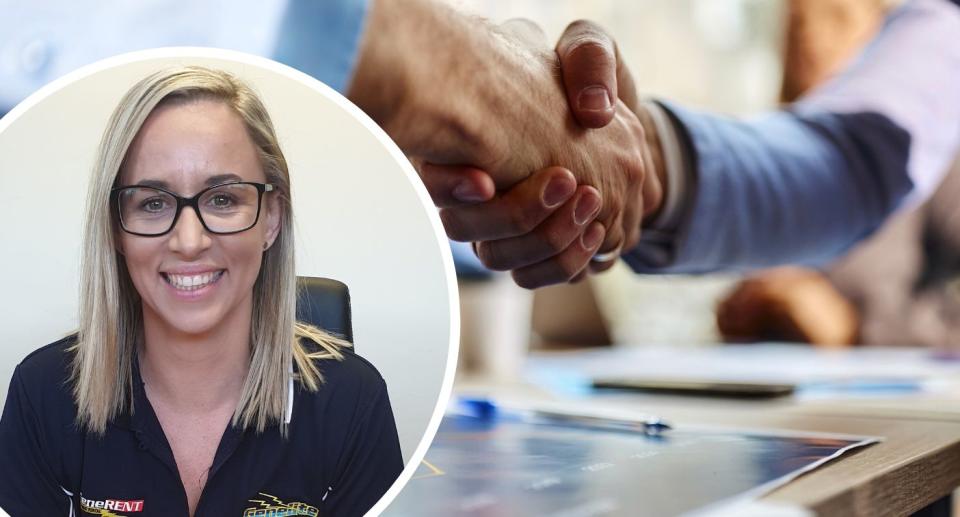 Closeup of men shaking hands with an inset of a smiling woman after securing a pay rise.