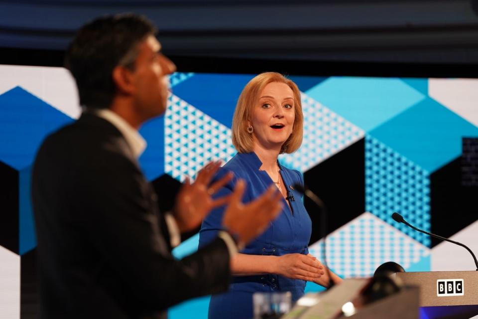 Rishi Sunak and Liz Truss taking part in the BBC Tory leadership debate (Jacob King/PA) (PA Wire)