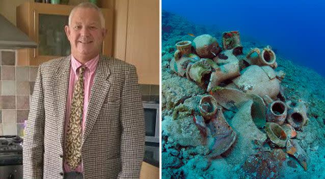 Mr Robyns was reportedly arrested in front of his family. (Right) Artefacts found on the sea bed in Antalya Turkey.