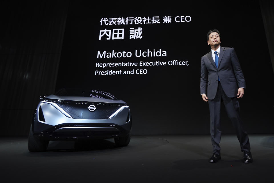 Nissan Chief Executive Makoto Uchida speaks during a press conference in the automaker's headquarters in Yokohama, near Tokyo Monday, Dec. 2, 2019. (AP Photo/Eugene Hoshiko)