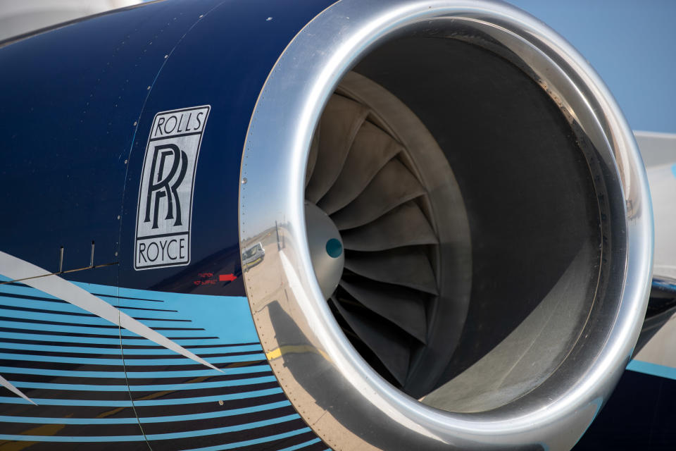 08 April 2020, Bavaria, Nuremberg: A Rolls Royce aircraft engine can be seen on a plane at Albrecht Dürer Airport Nuremberg. Photo: Daniel Karmann/dpa (Photo by Daniel Karmann/picture alliance via Getty Images)