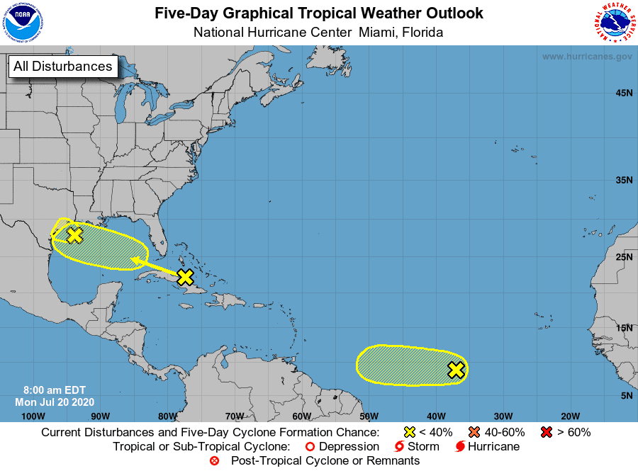 Forecasters were keeping watch on three separate tropical disturbances in the Gulf, Caribbean and Atlantic on Monday, July 20, 2020.