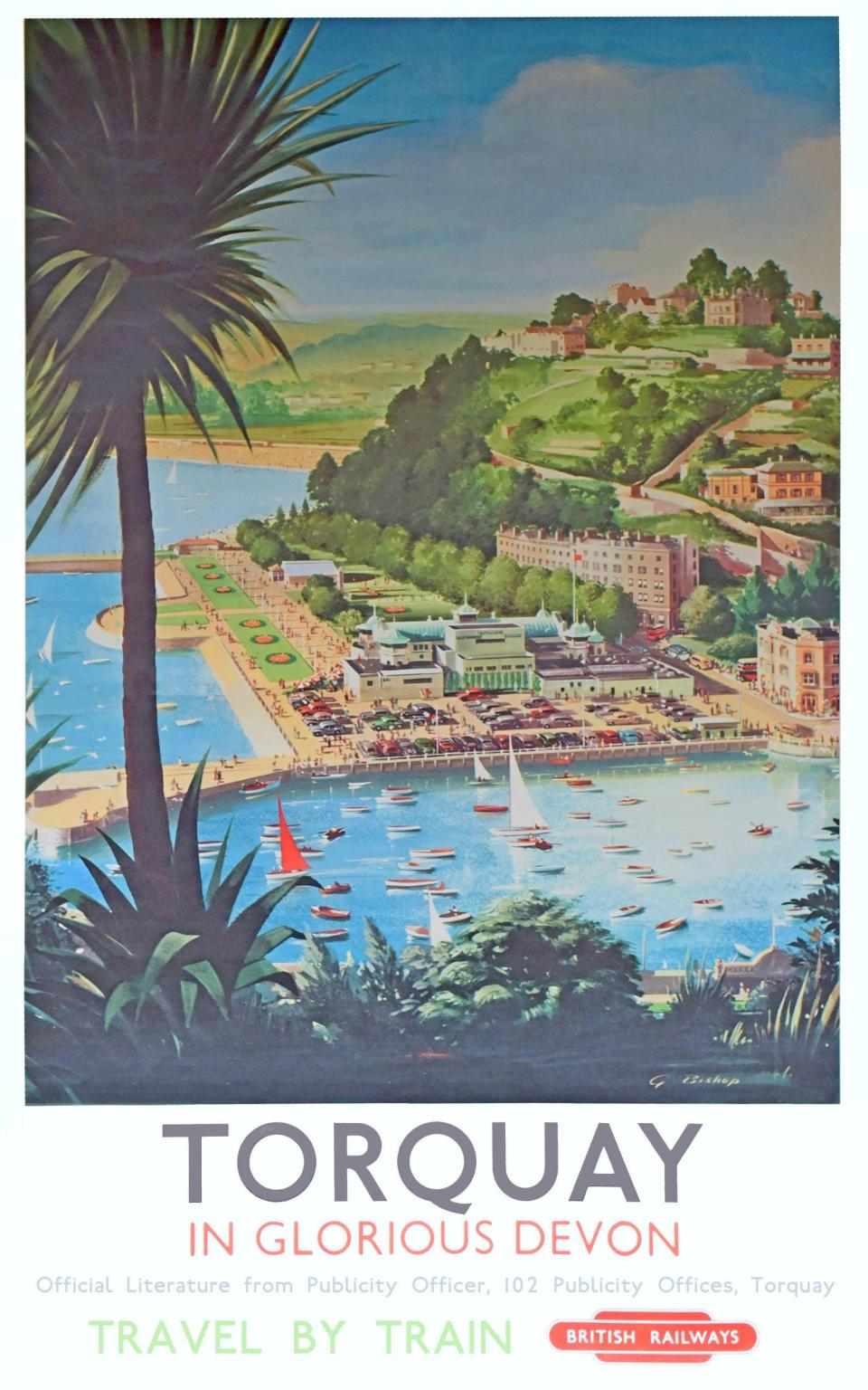 A vintage poster advertising Torquay features the palm trees