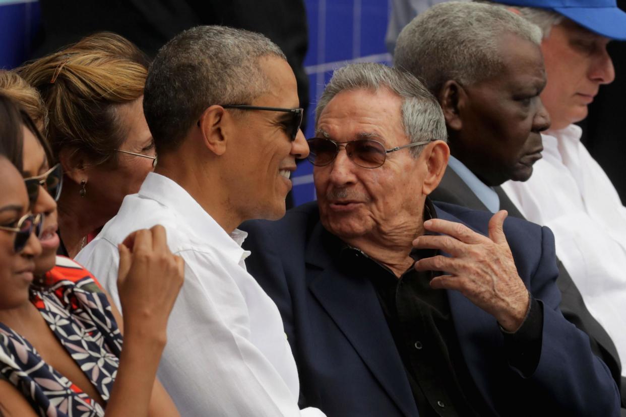 Barack Obama and Cuban President Raul Castro visit during an exposition game between the Cuban national team and the Major League Baseball team Tampa Bay Devil Rays in Havana, Cuba March 2016: Chip Somodevilla/Getty Images